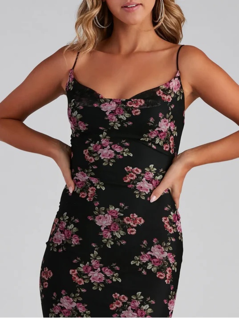 Windsor Black Midi Slip Dress with Pink Floral Print
